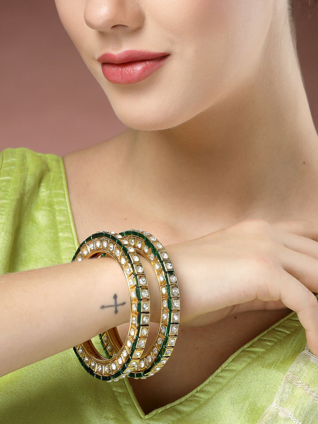 NVR Women's Set Of 2 Gold-Polished Kundan-Studded Bangles - Distacart
