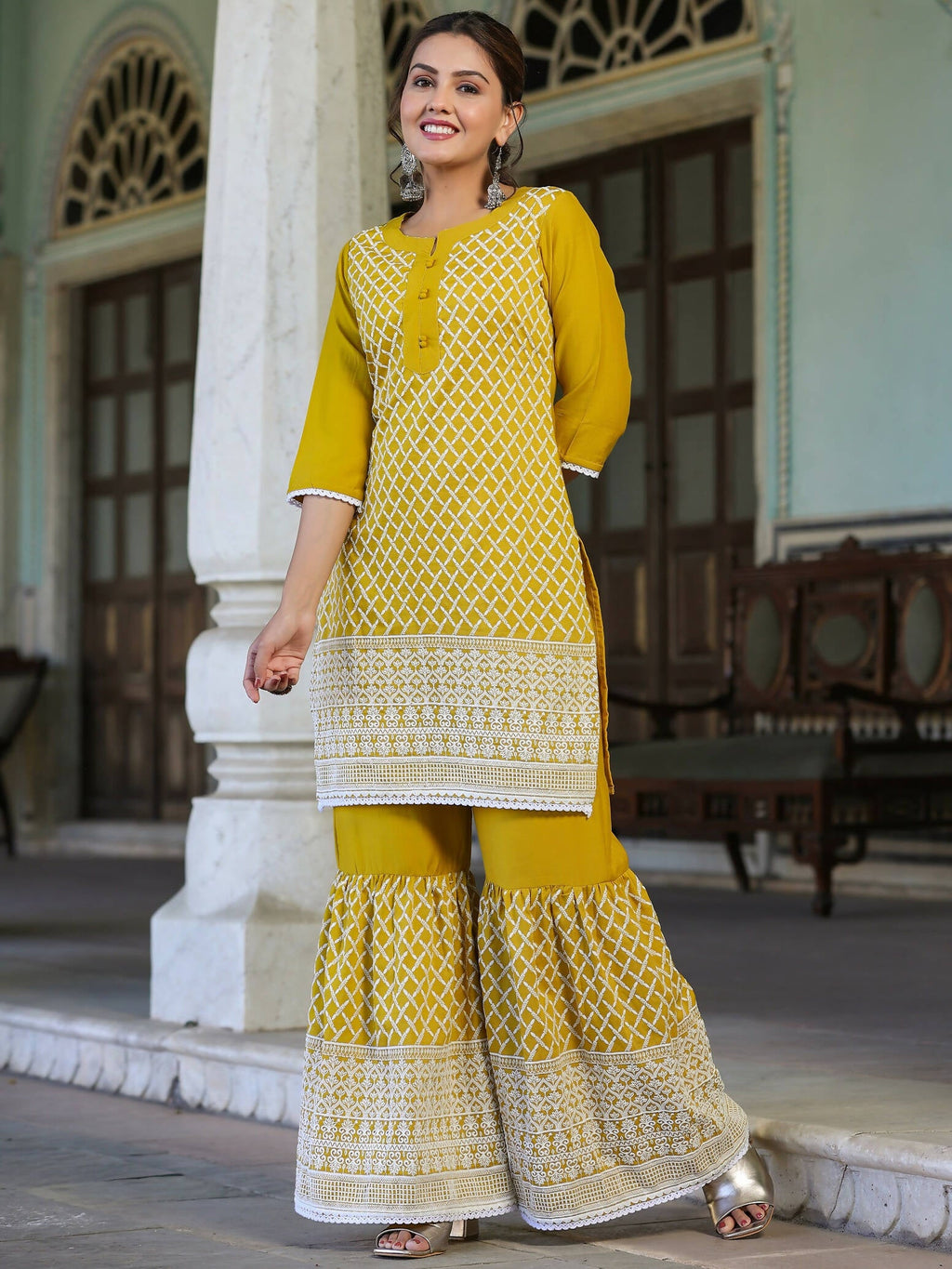 Juniper Women's Mustard Chinnon Embroidered Kurta Garara Set - Distacart
