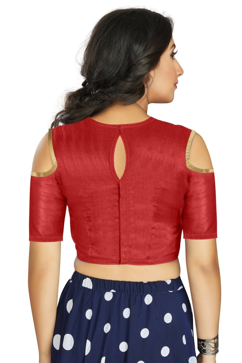 Aastha Fashion Women's Red Art Silk Cold Shoulder Sleeve Readymade Blouse