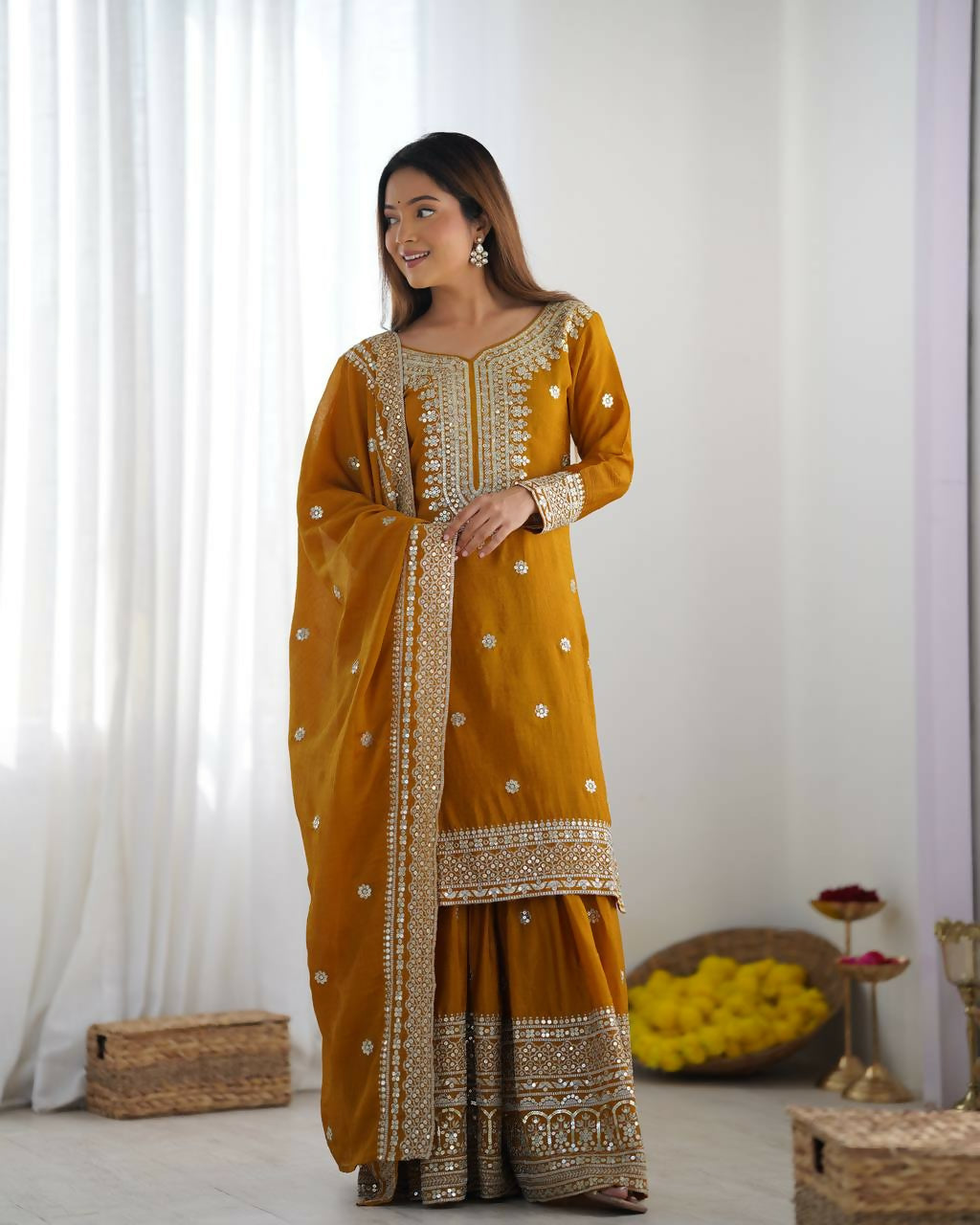 Joban Fashion Mustard Kurta Set Silk Sequins , Zari, Coding & Thread Embroidered work - Distacart