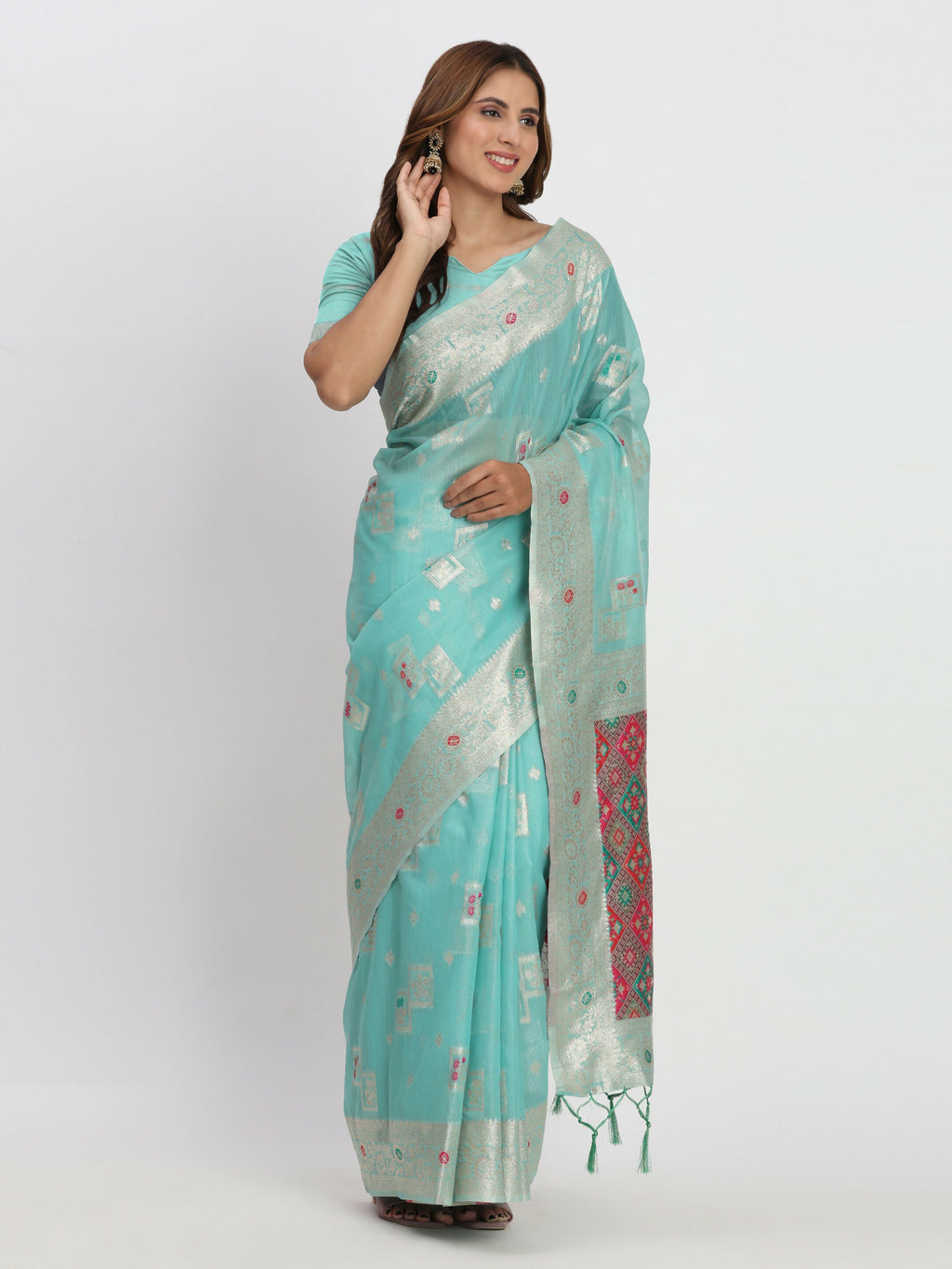Shree Shyam Fashion Linen Cotton Sea Green Saree - Distacart