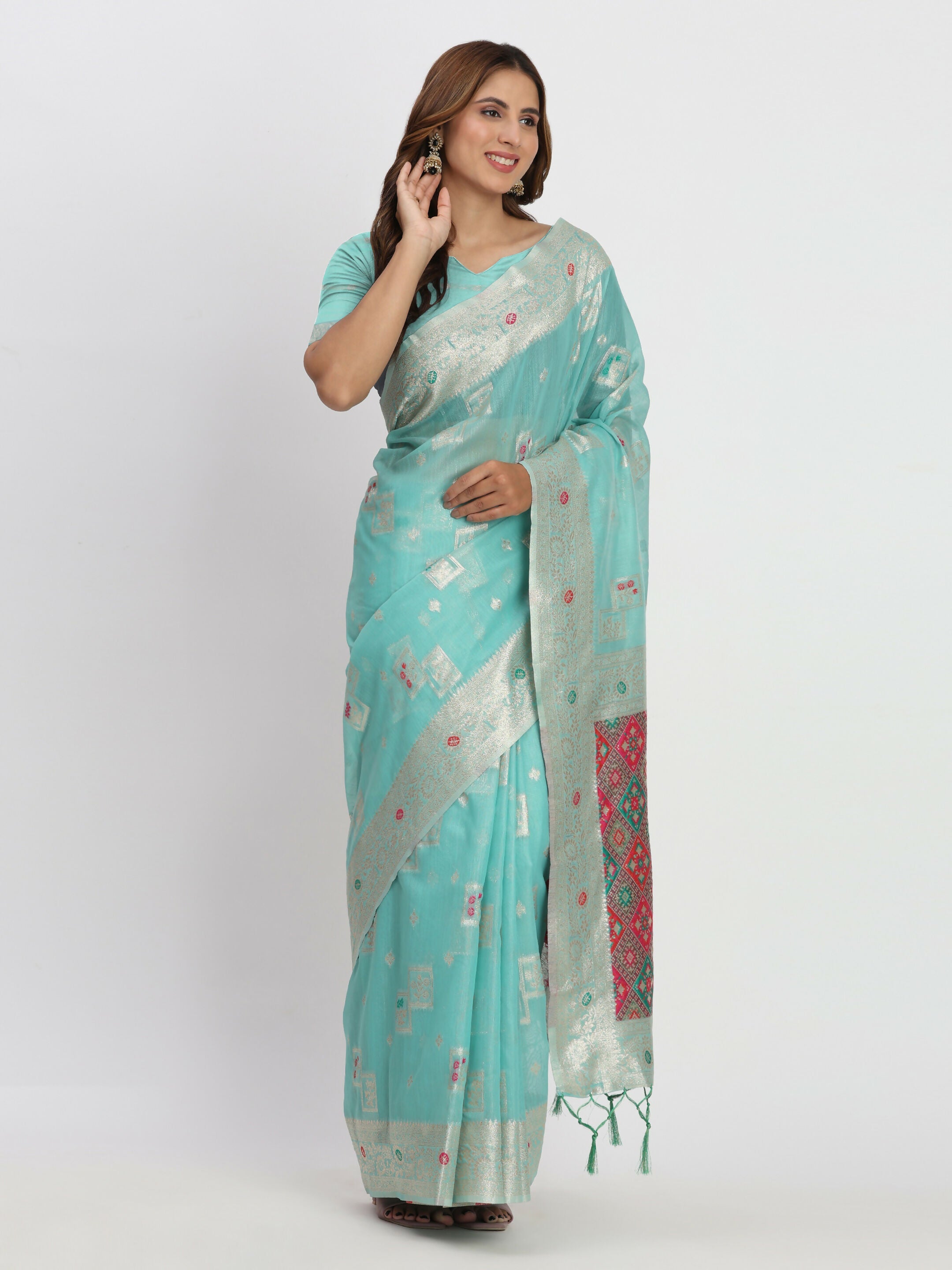 Shree Shyam Fashion Linen Cotton Sea Green Saree - Distacart