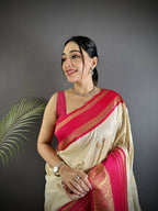 Joban Fashion Cream Banarasi Soft Silk Woven Saree - Distacart