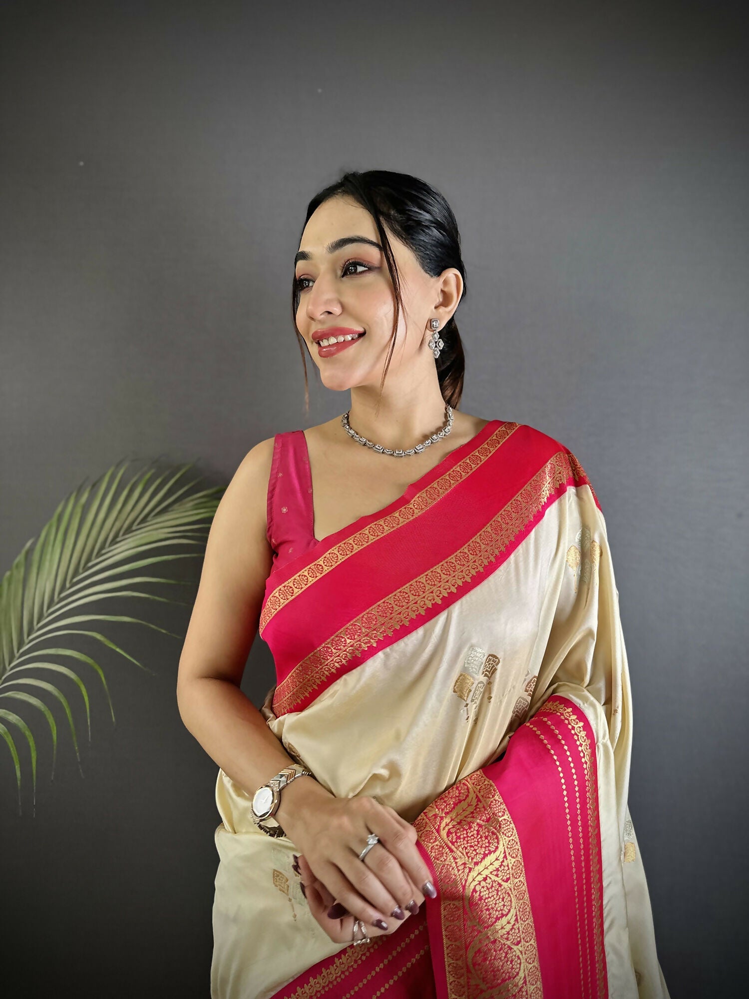 Joban Fashion Cream Banarasi Soft Silk Woven Saree - Distacart