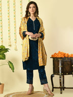 Myshka Women's Teal Velvet Kurta & Trousers With Dupatta Party Sets