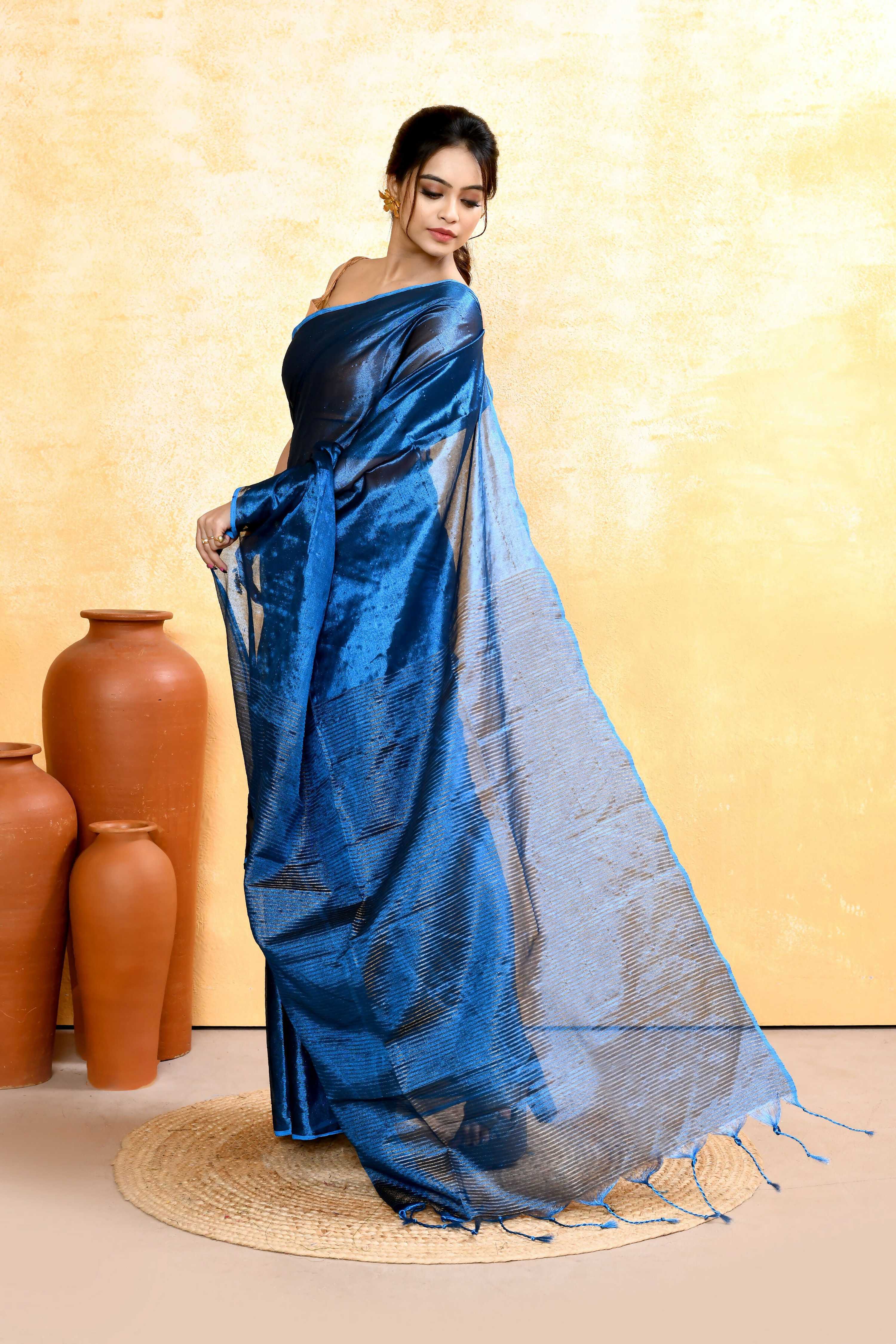 Piyari Fashion Women's Blue Dual Tone Organic Tissue Saree With Blouse Piece - Distacart