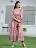 Juniper Peach Geometric Printed Pure Cotton Maxi Dress With Lace Work - Distacart