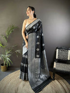Joban Fashion Black Floral Motifs Soft Silk Banarasi Saree - Distacart