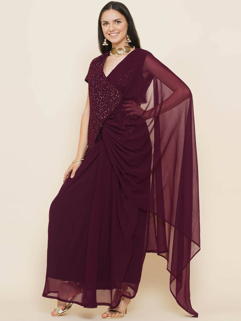 Women Republic Bronze Georgette Jacket With Skirt - Distacart