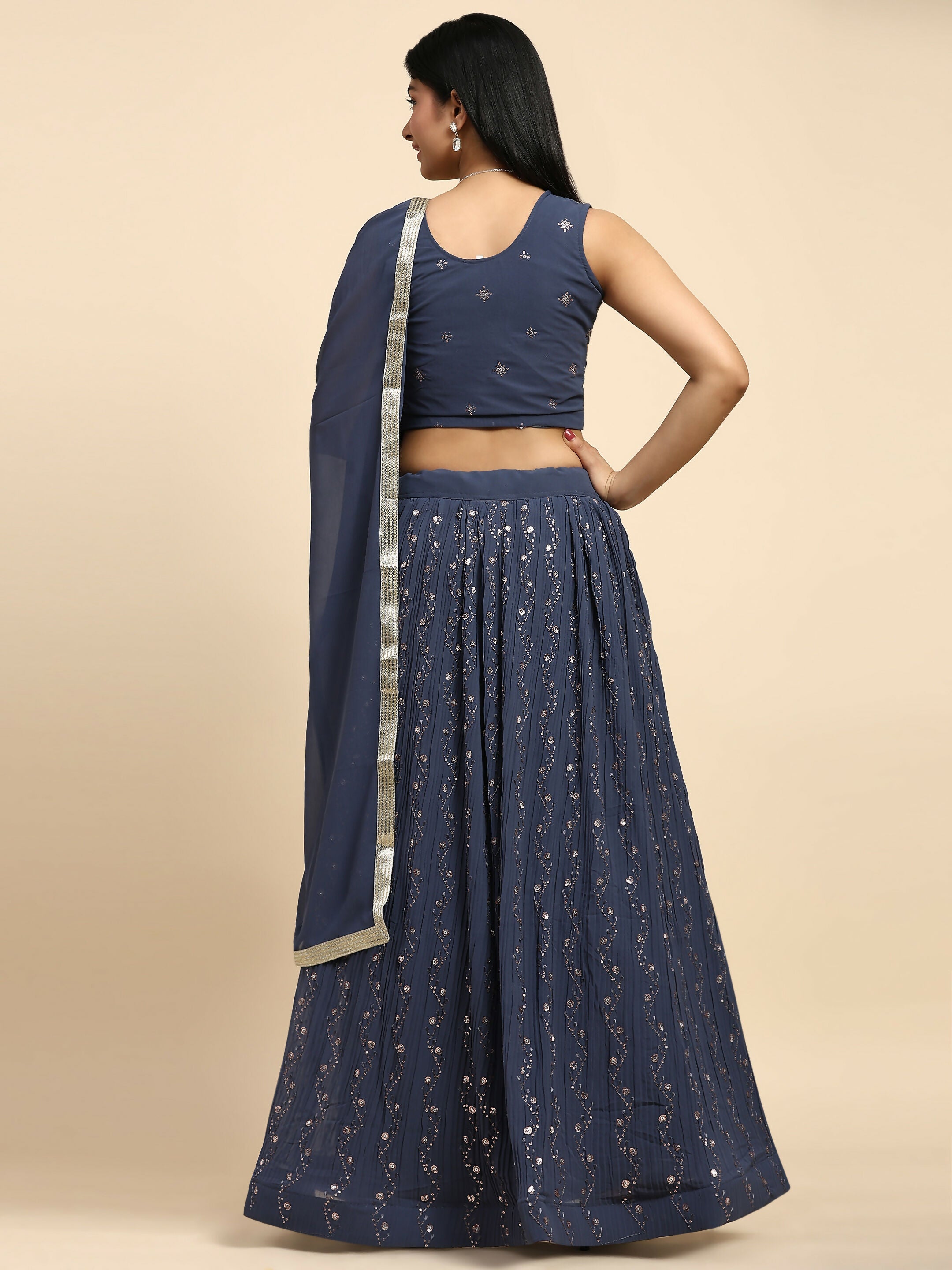 Dark Grey Georgette Embroidered Lehenga choli with Dupatta - Dhara