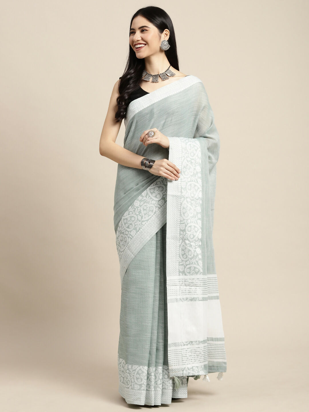 Shree Shyam Fashion Linen Sea Green Saree - Distacart
