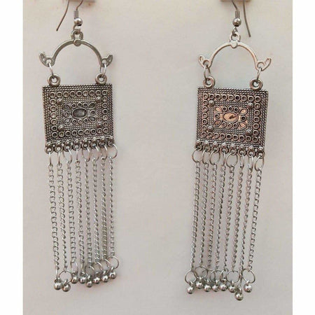 MS Fashion India Fancy Party Wear Silver Oxidized Long Tassel Chain Earrings