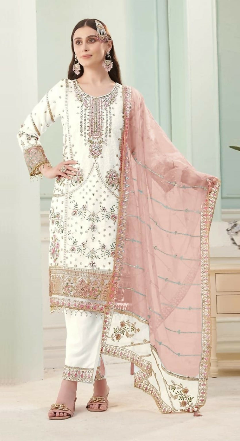 Anaita White Fox Georgette Stitched Suit with Embroidery Sequins - Distacart