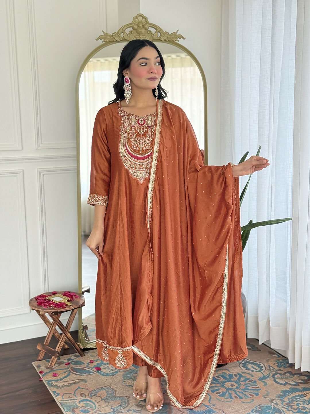 The52 Rust Women's Gorgeous Embroidered Vichitra Silk Fabric Flared Kurta, Pant and Dupatta Set - Distacart