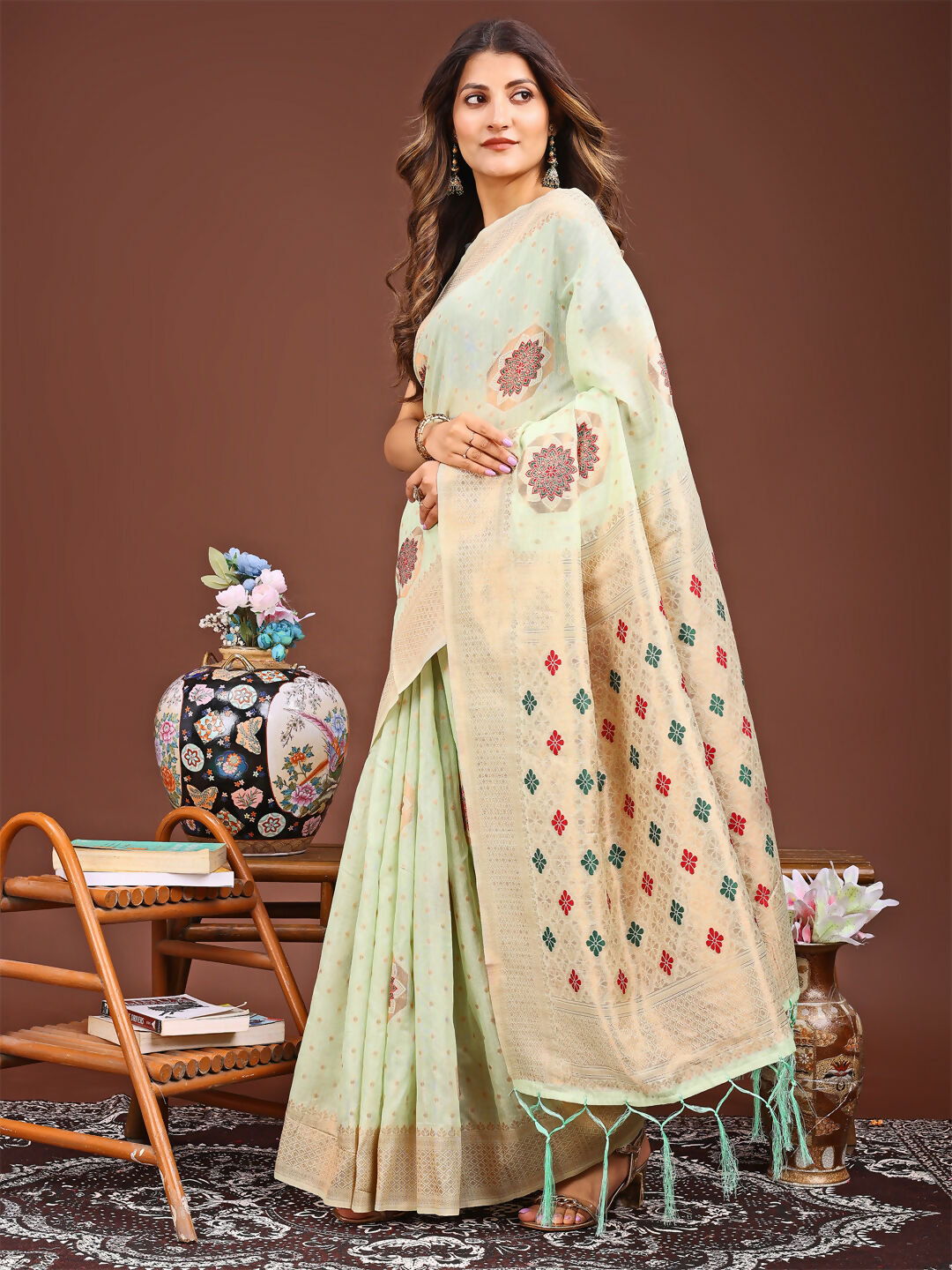 Shree Shyam Fashion Neerja Sea Green Linen Cotton Saree