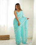 Attractive Looking Georgette Thread, Sequance Embroidery Work Party Wear Saree - Sky Blue