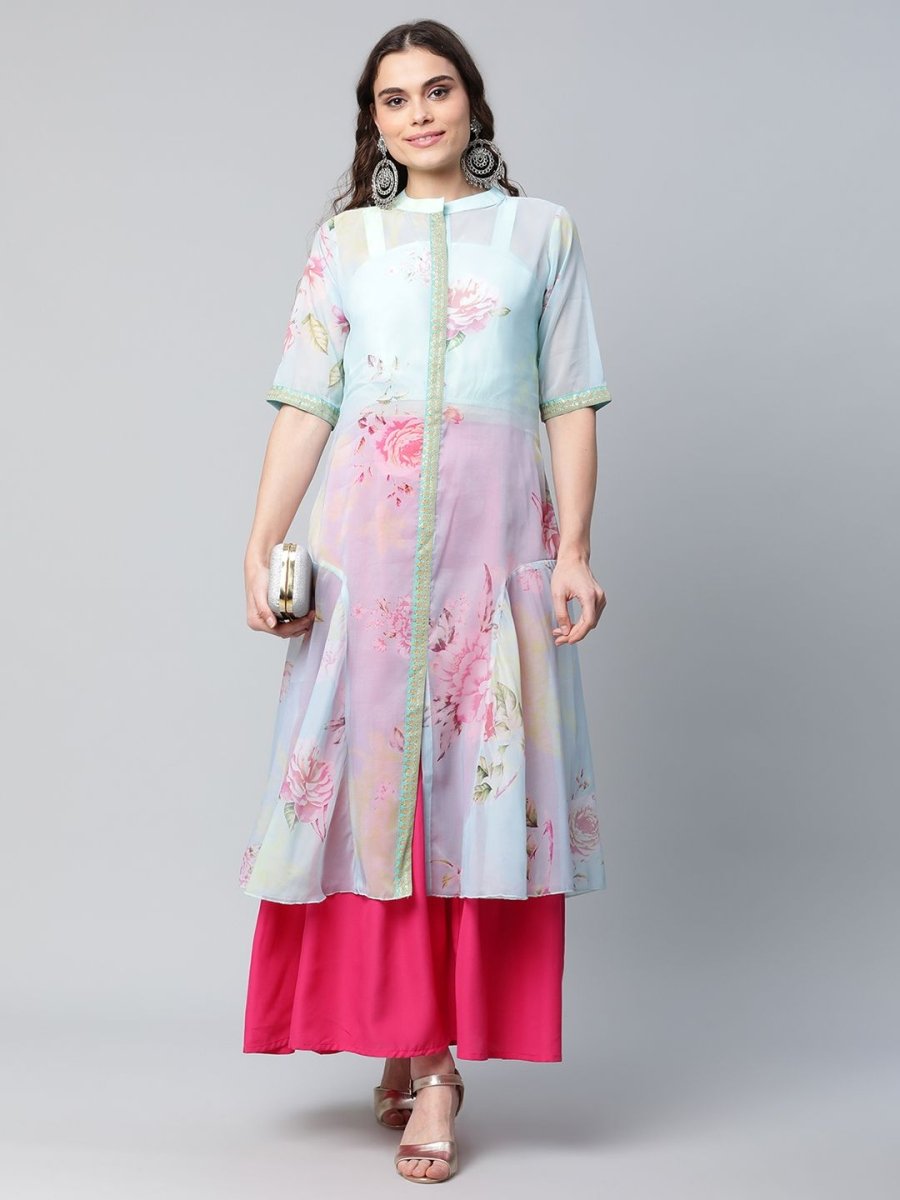 Ahalyaa Women Sea Green Floral Printed Top With Kurta - Distacart