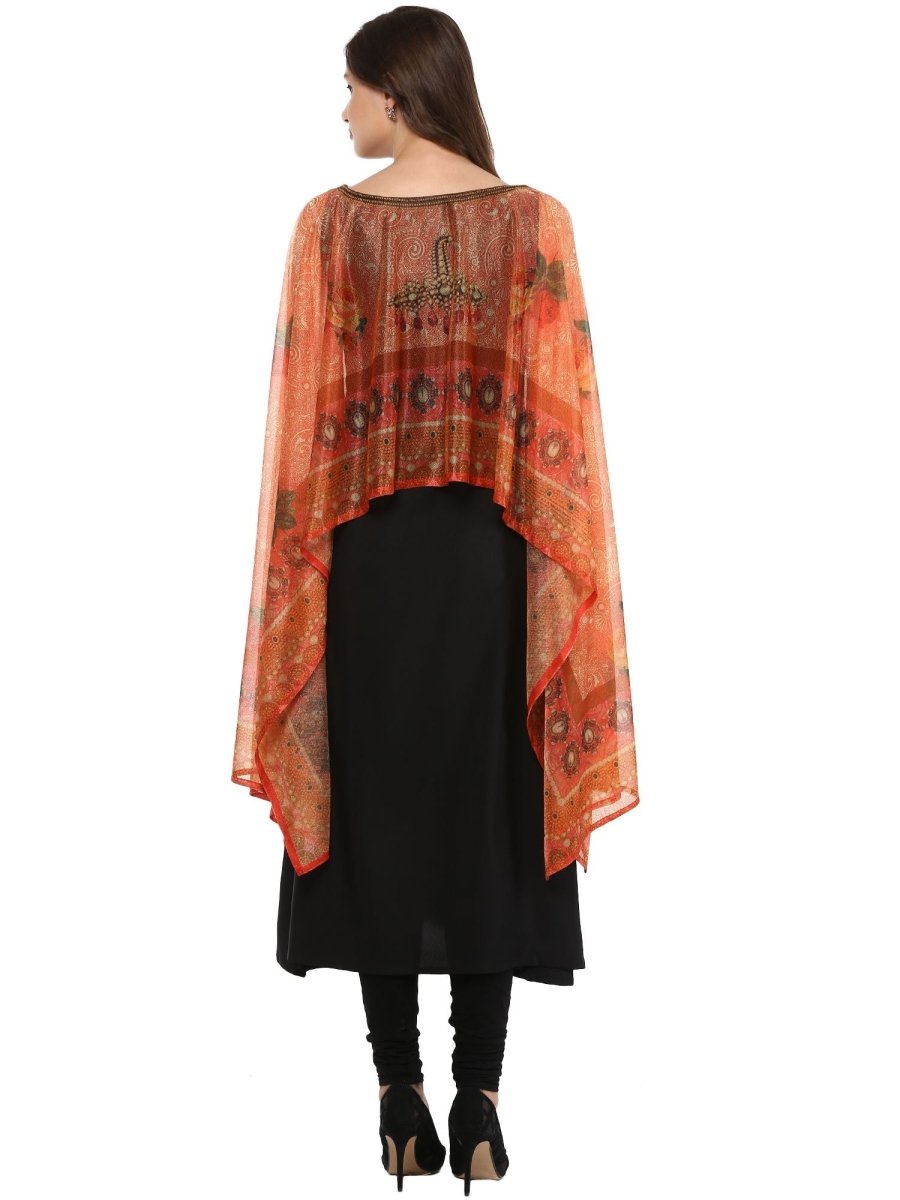 Ahalyaa Black Crepe Printed Kurta With Attached Dupatta For Women