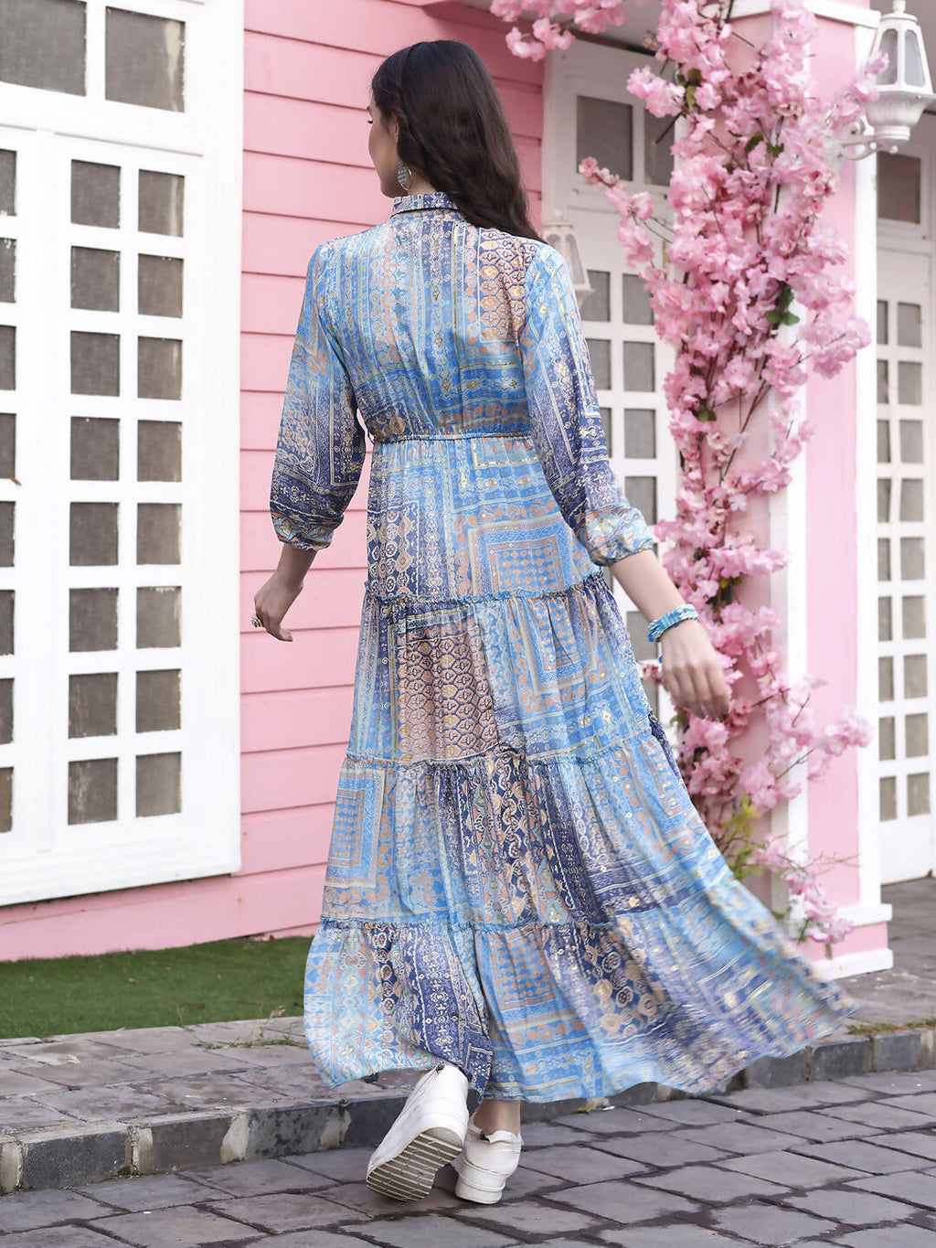 Light Blue Crepe Foil Printed Long Dress - Michan - Distacart