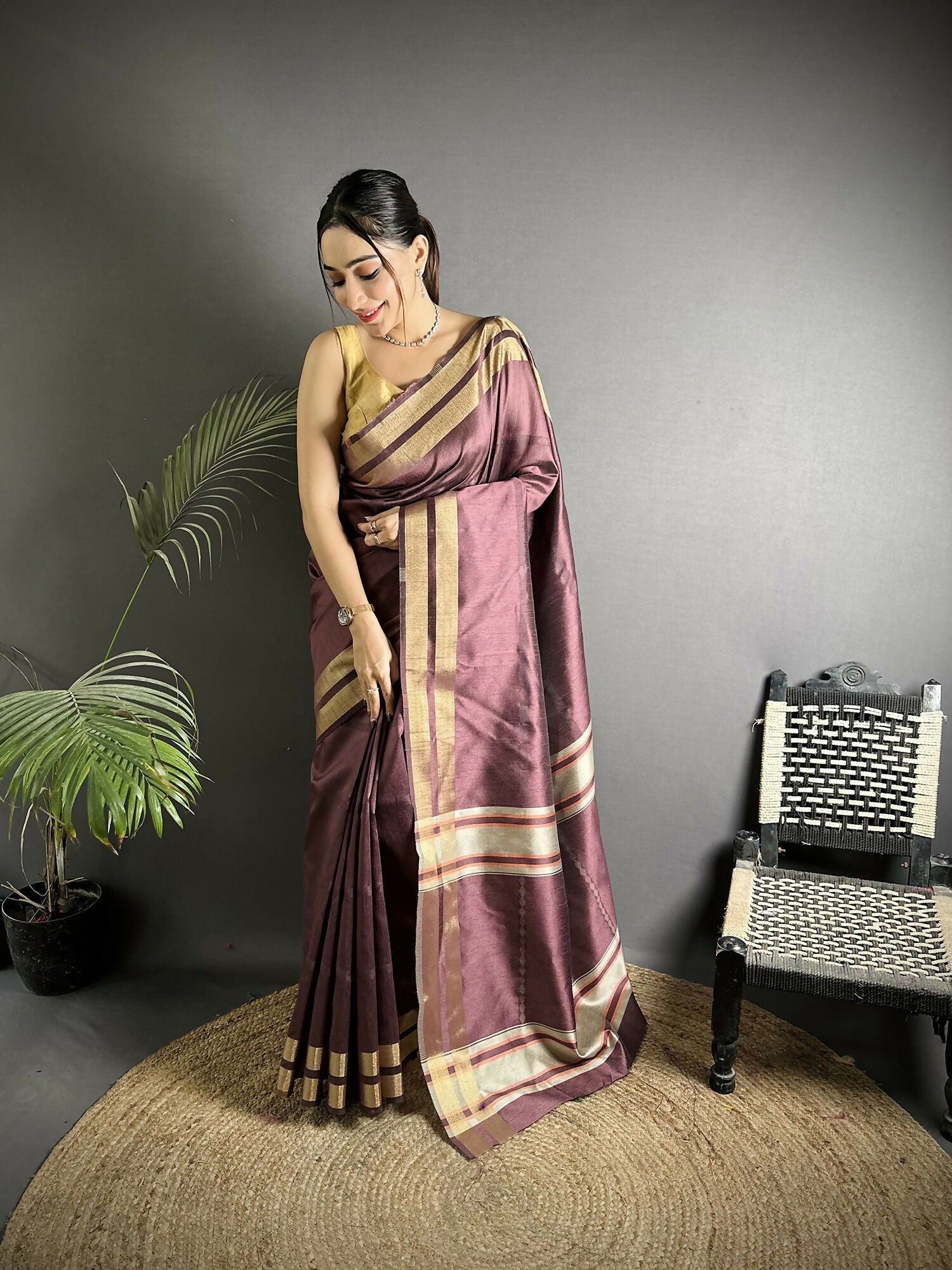 Joban Fashion Wine Woven Pattern Raw Silk Kanjivaram Silk Saree - Distacart