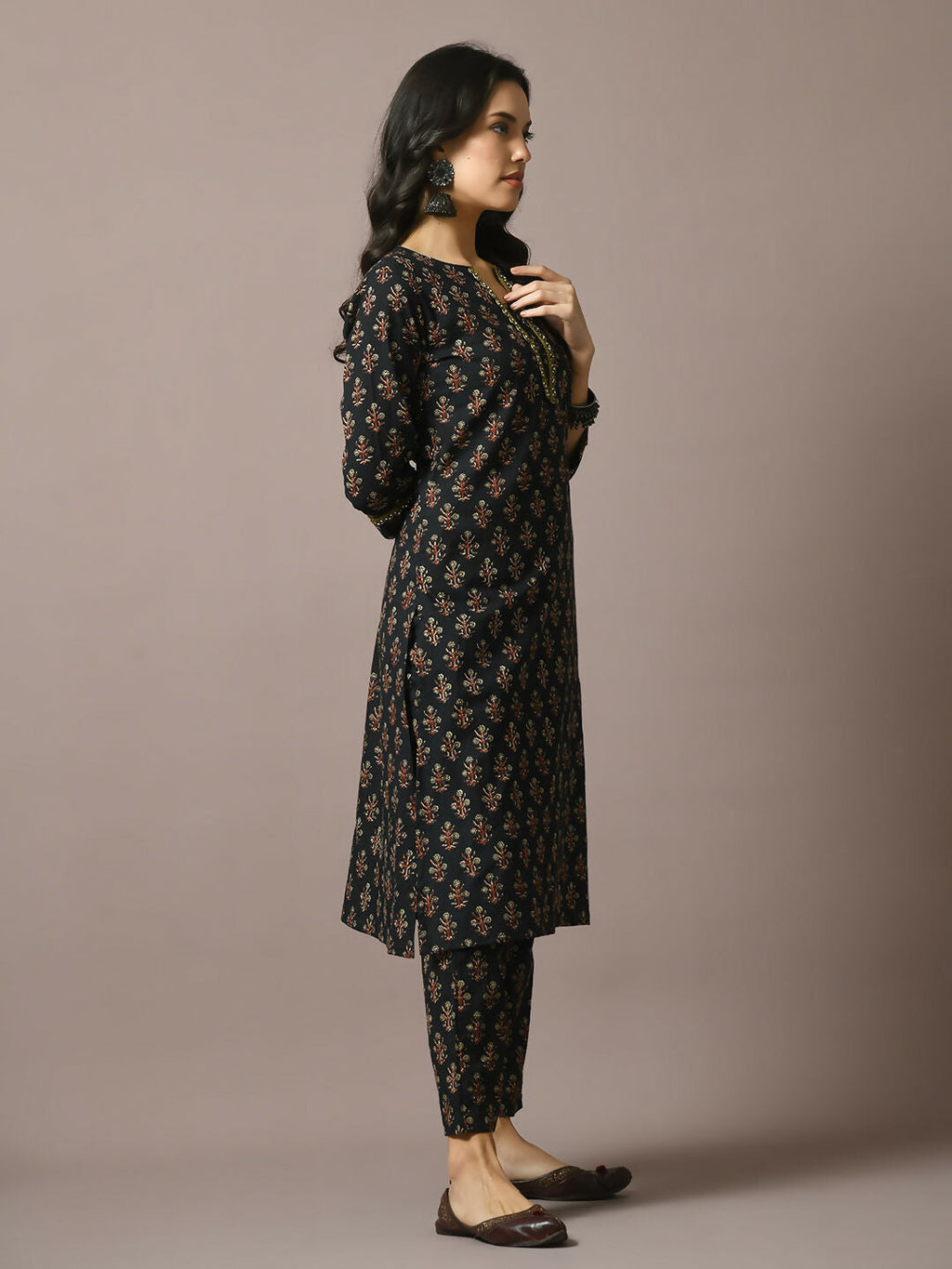 Myshka Women's Black Printed Cotton Straight Party Kurta Set