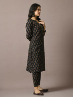Myshka Women's Black Printed Cotton Straight Party Kurta Set