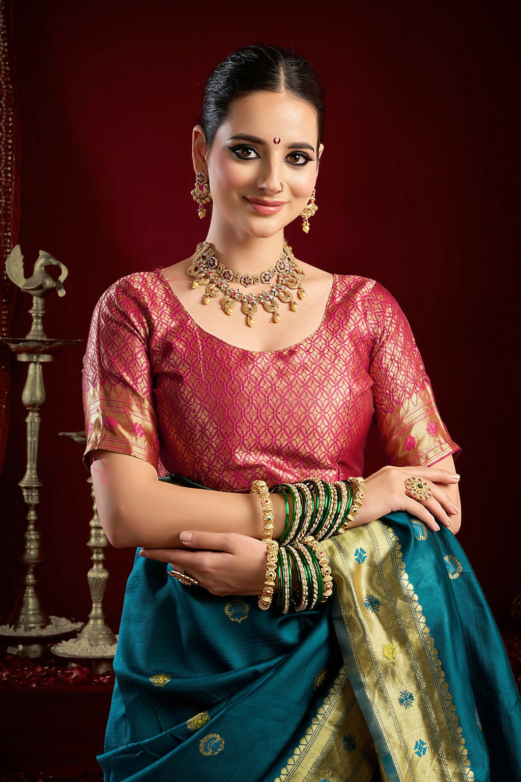 Joban Fashion Teal Paithani Silk Blend Butti Saree - Distacart