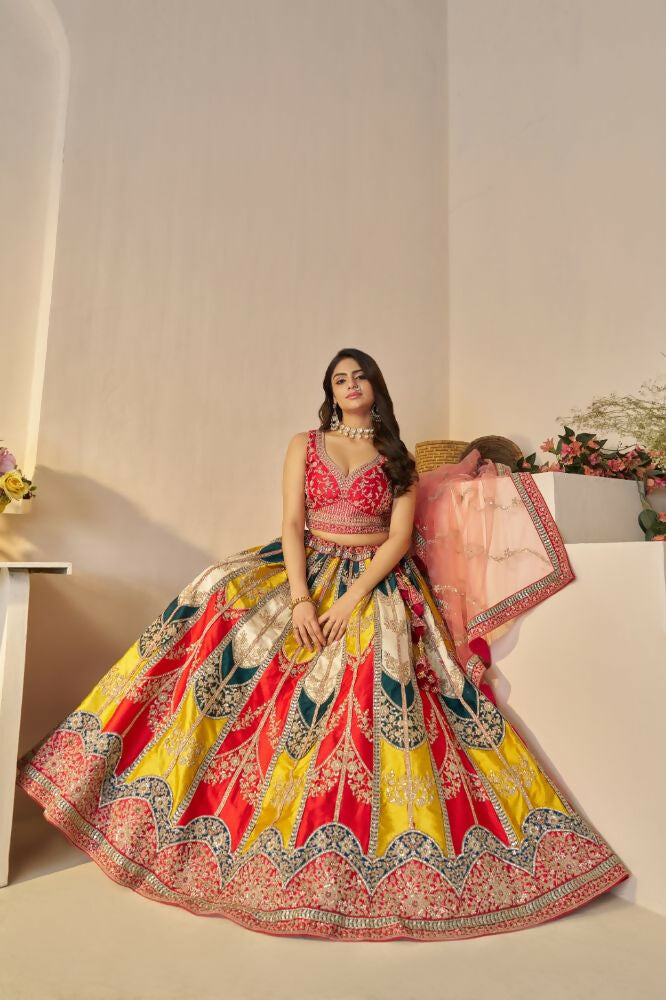 Kesar Fab Dark-Multicolor Silk Embroidered Lehenga