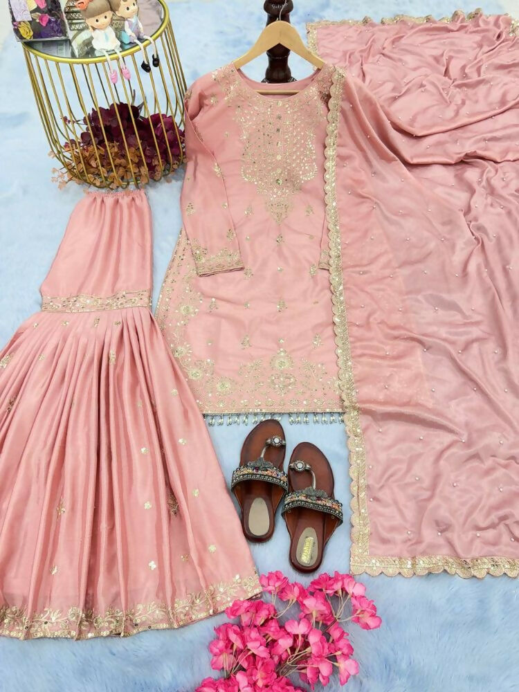 Teeya Creation Peach Color Chinnon Silk Embroidery Work Wedding Wear Salwar Suit - Distacart
