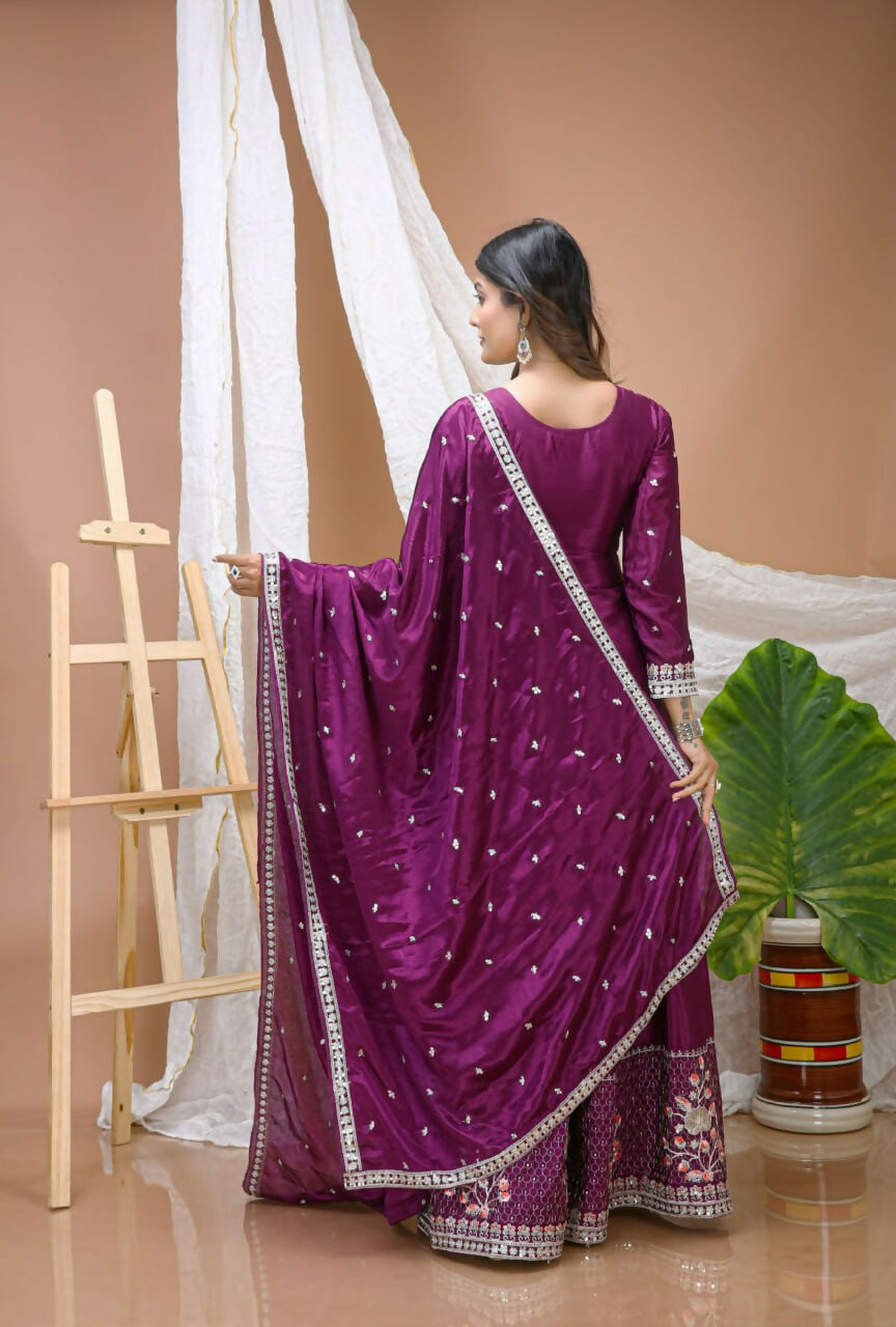 Teeya Creation Wine Color Chinon Silk Wedding Wear Trending Palazzo Set - Distacart