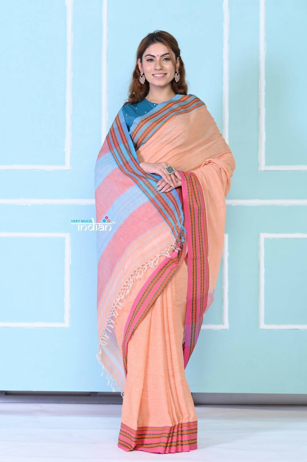 Very Much Indian Traditional Patteda Anchu Ilkal Handloom Saree - Peach Tone - Distacart