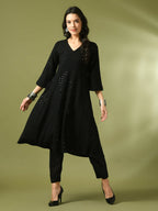 Myshka Women's Black Embroidered Cotton A-Line Party Kurta Set