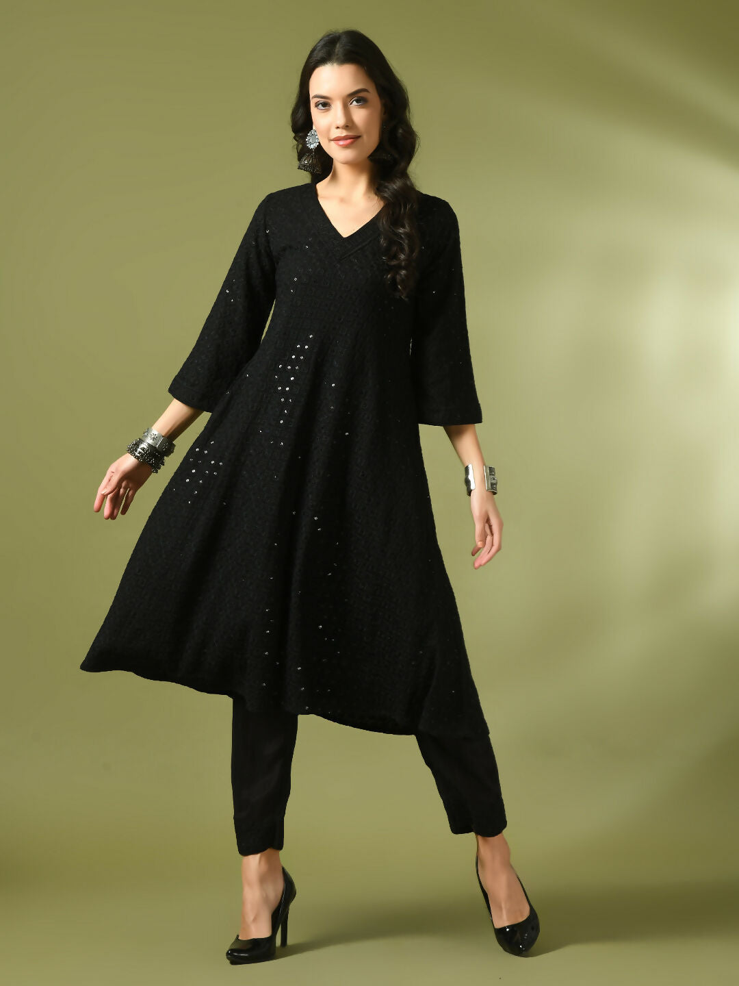 Myshka Women's Black Embroidered Cotton A-Line Party Kurta Set