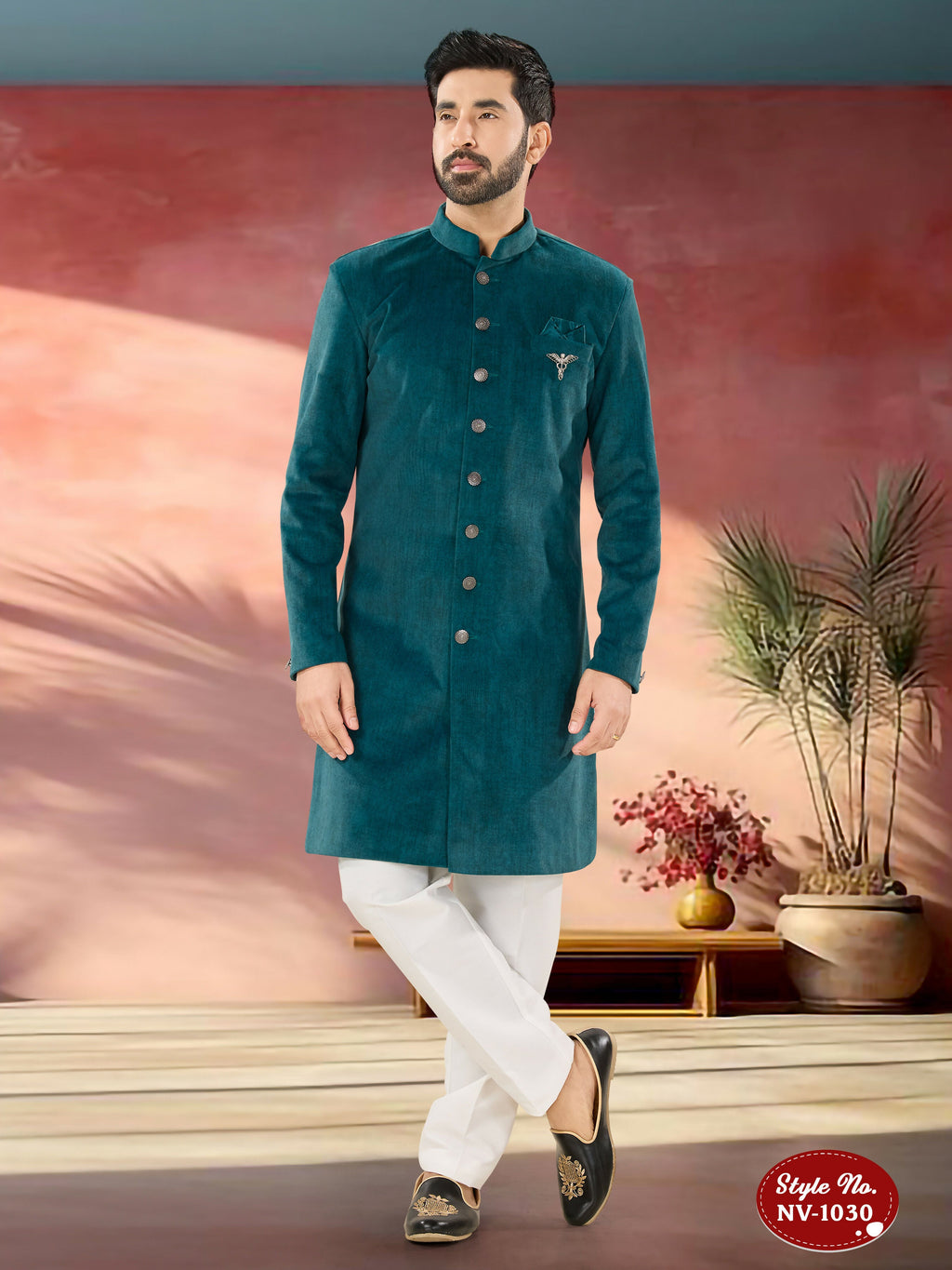 Joban Fashion Men's Blue Straight Swed Velvet Thread & Sequence Embroidery All Over Indo-Western Kurta Set