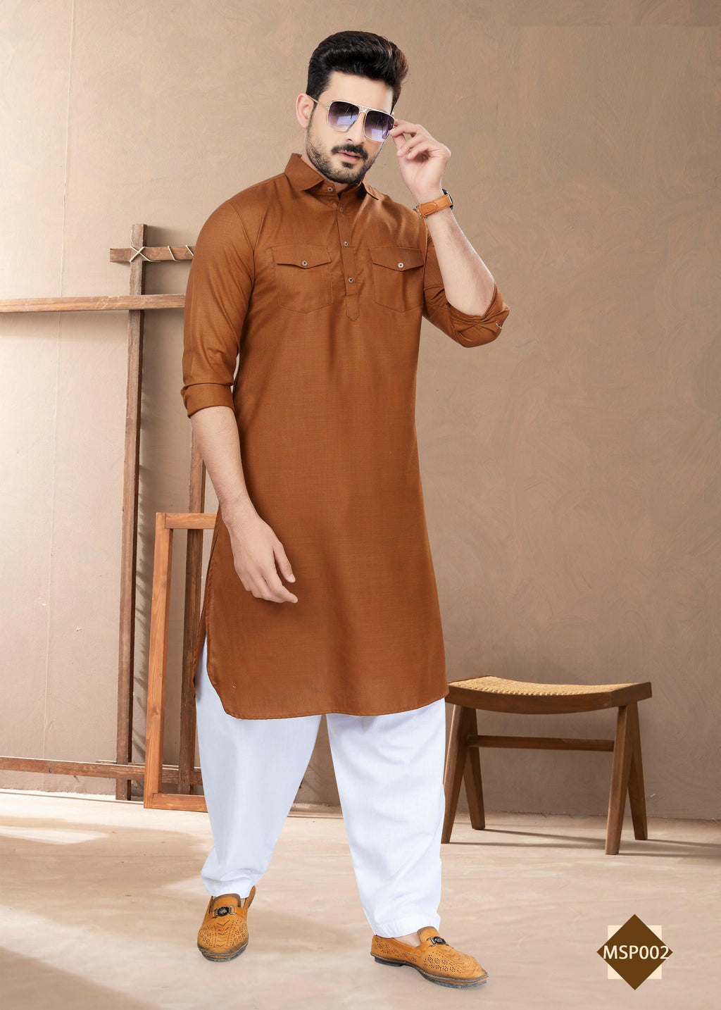 Joban Fashion Men's Dark Brown Heavy Cotton Plain Kurta Pyjama set