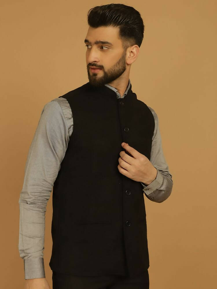 Even Apparels Pure Wool Nehru Jacket - Black