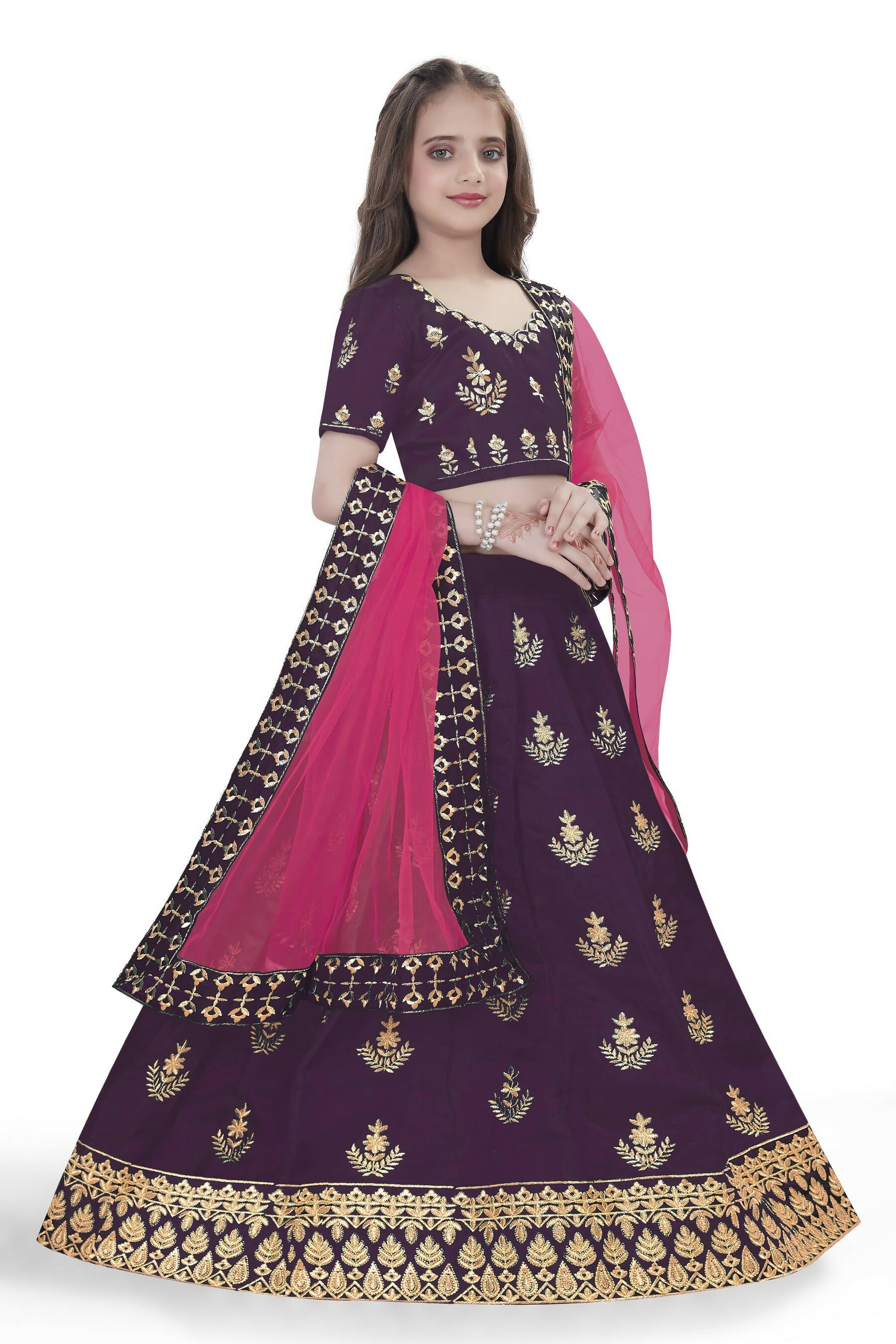 Dwiden Purple Kamal Tafetta Sattin Semi-Stitched Girl's Lehenga Choli