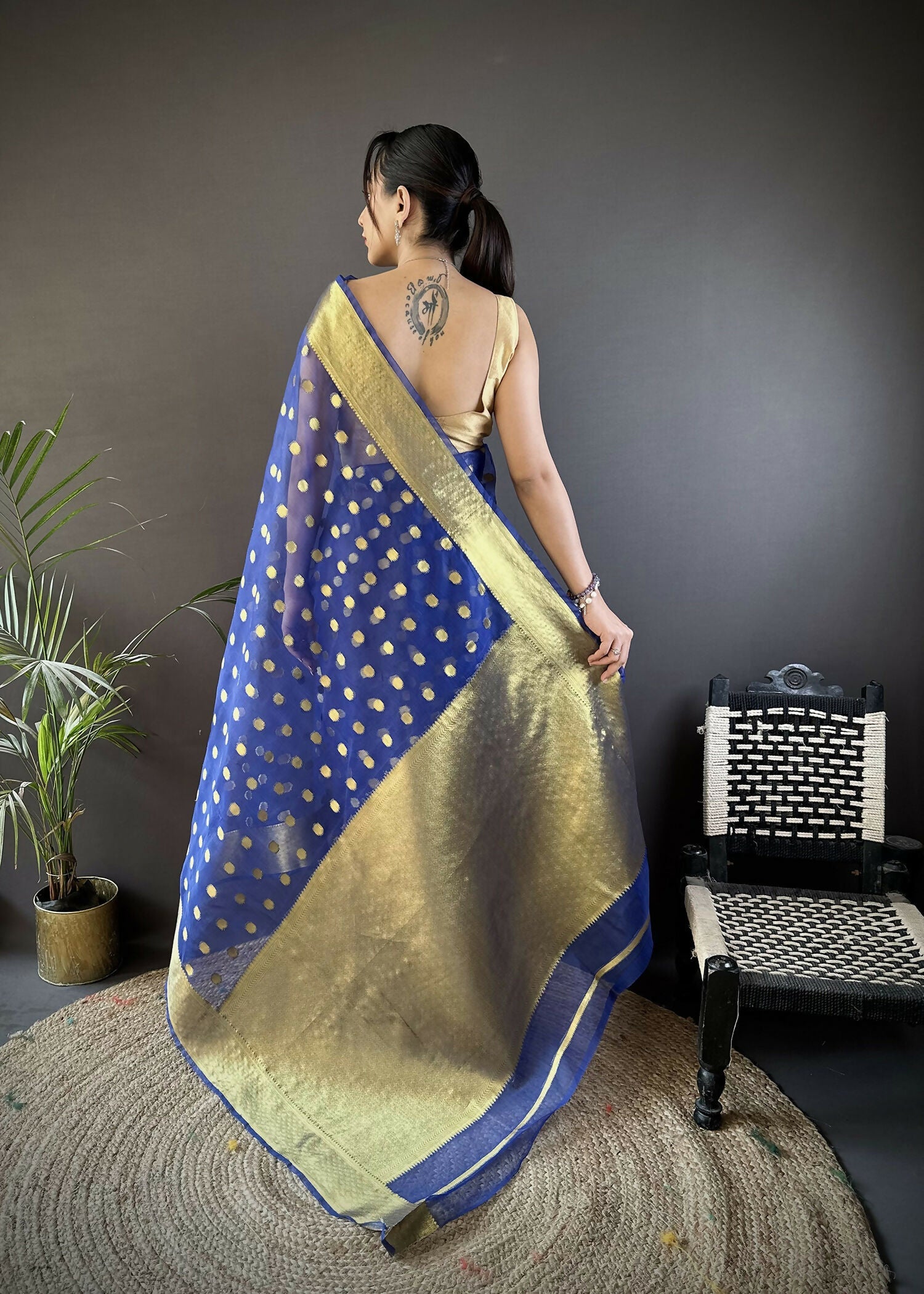 Joban Fashion Royal Blue Polka-Dot Zari Woven Organza Silk Banarasi Silk Saree - Distacart