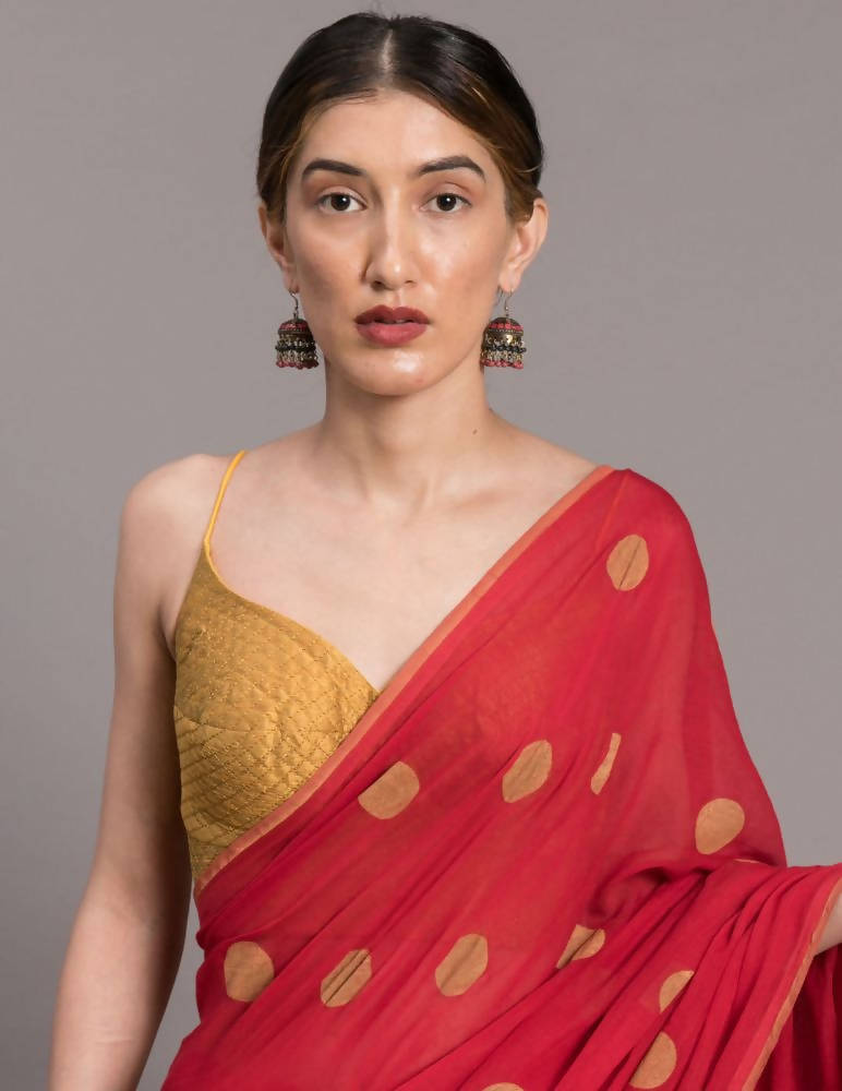 Suta Red Beige Polka Printed Pure Cotton Saree - Distacart
