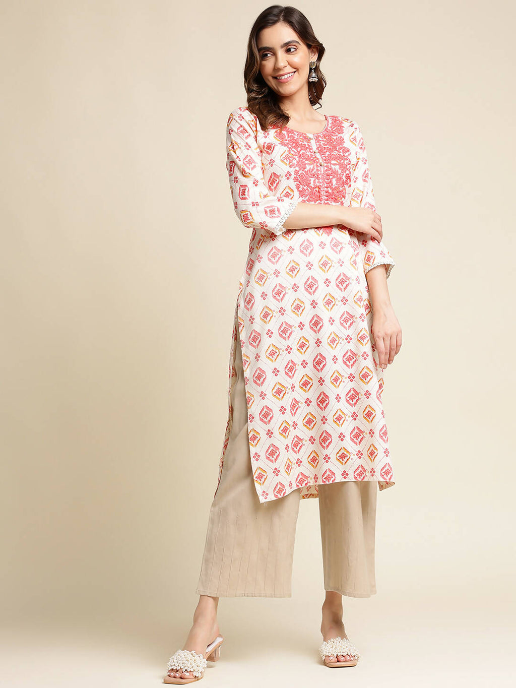 Red Poly Rayon Aztec Printed Straight Fit Kurta - Prasuti