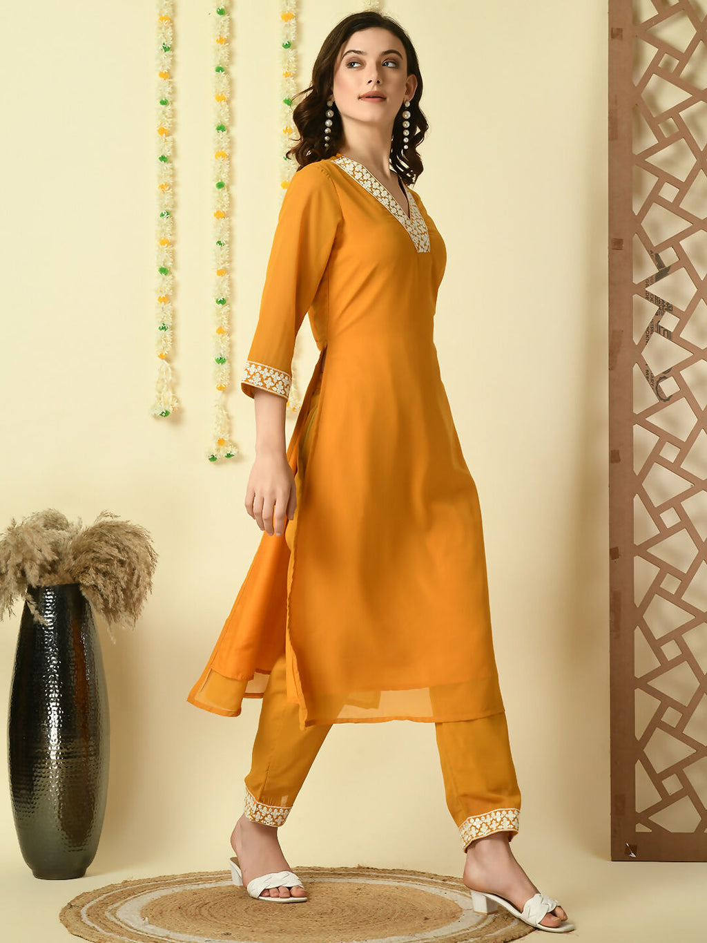 Myshka Women's Mustard Georgette Kurta With Trousers Party Sets