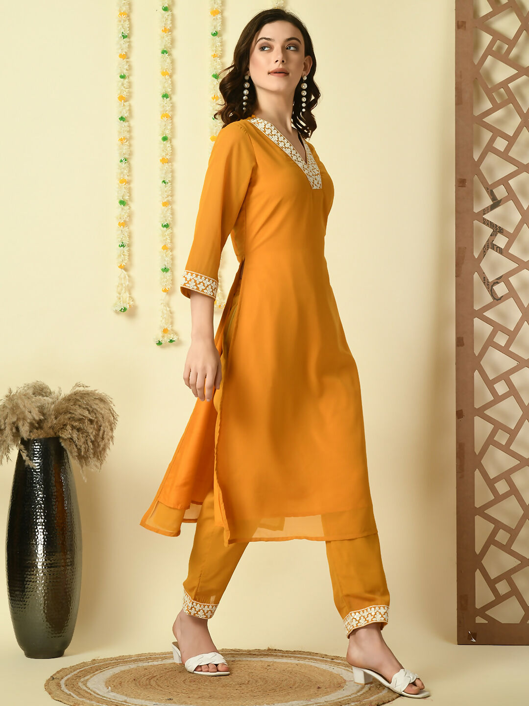 Myshka Women's Mustard Georgette Kurta With Trousers Party Sets
