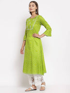 Myshka Women's Green Cotton Printed Full Sleeve Round Neck Casual Dress