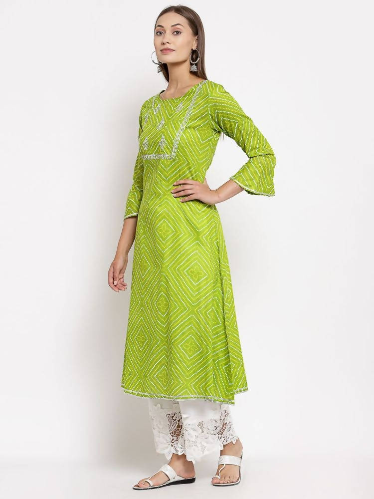Myshka Women's Green Cotton Printed Full Sleeve Round Neck Casual Dress