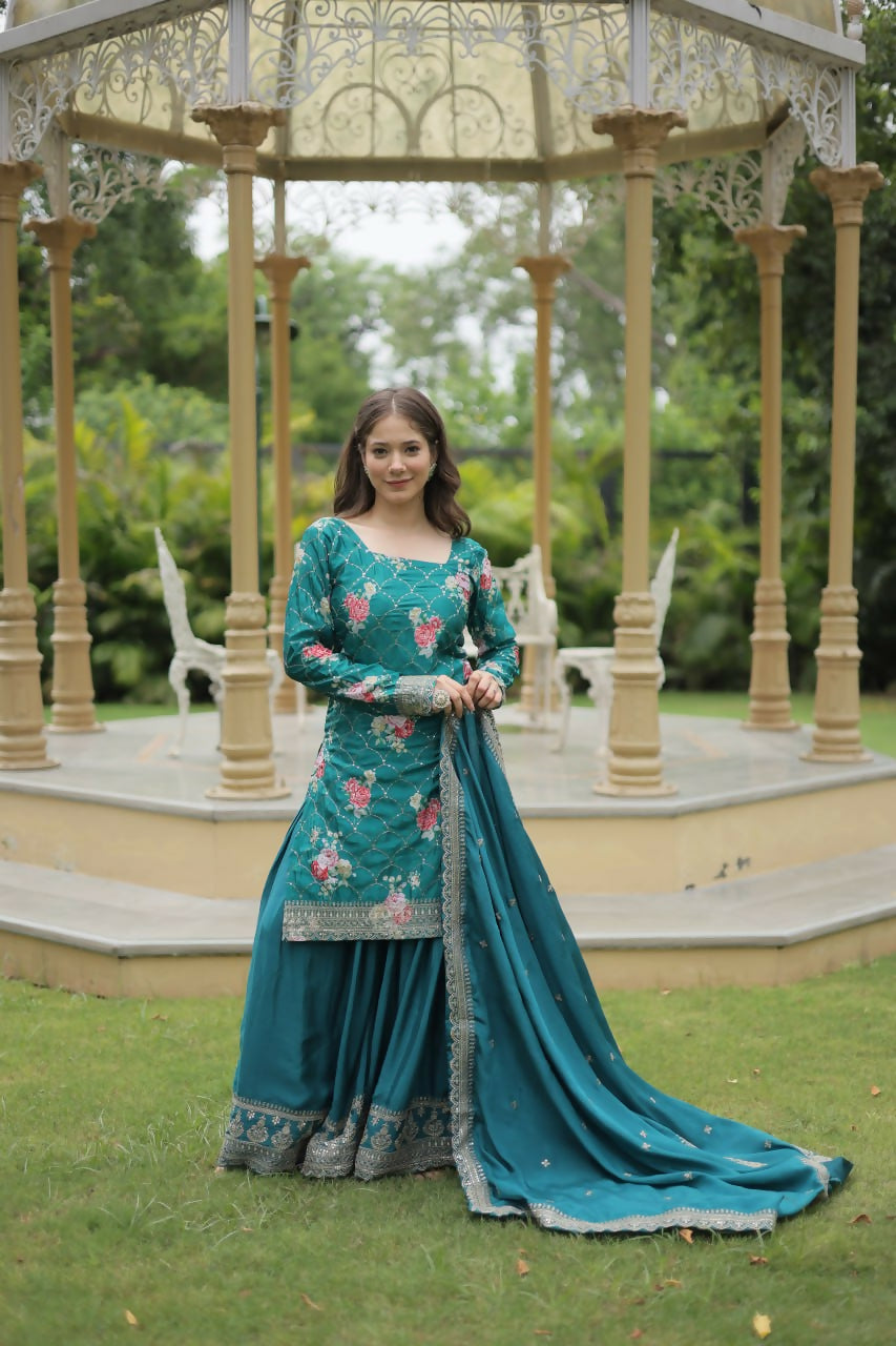 Vastranavya Premium Designer Printed With Sequins & Thread Embroidered work Kurti Palazzo & Dupatta - Firozi