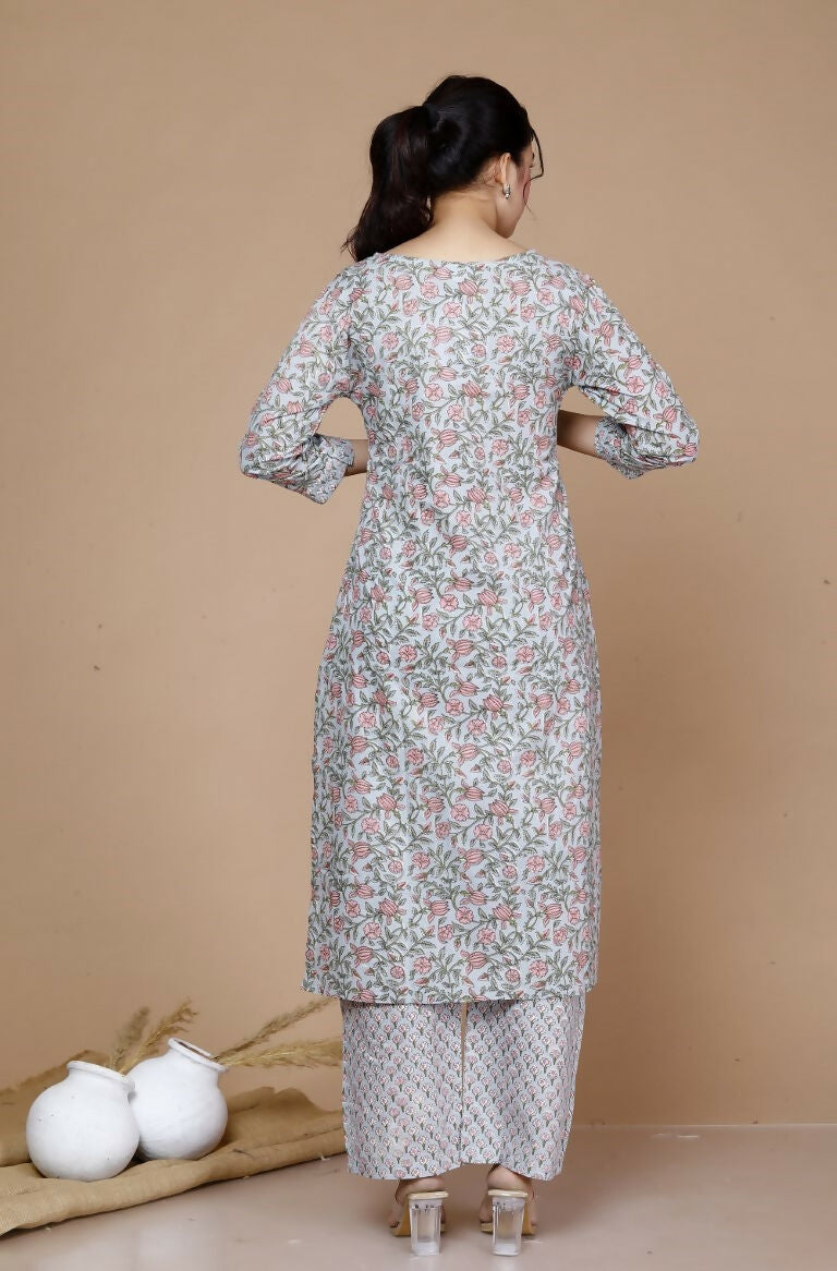 Miravan Women's Plus Size Blue Floral Printed Gota Patti Cotton Kurta With Palazzo