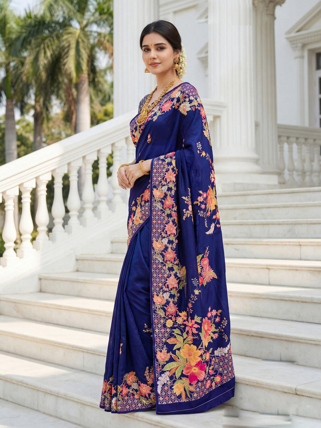Aastha Fashion Royal Blue Premium Russian Silk Designer Floral Position Print Saree - Distacart