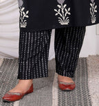 Miravan Women's Plus Size Cotton Gota Patti Black Floral Printed Straight Kurta Palazzo Set