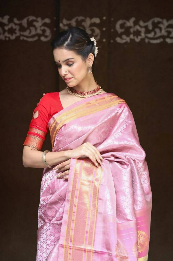 Very Much Indian Silk Handloom Maharani Paithani In Rich Pearl Pink With Silver Zari Brocade - Distacart