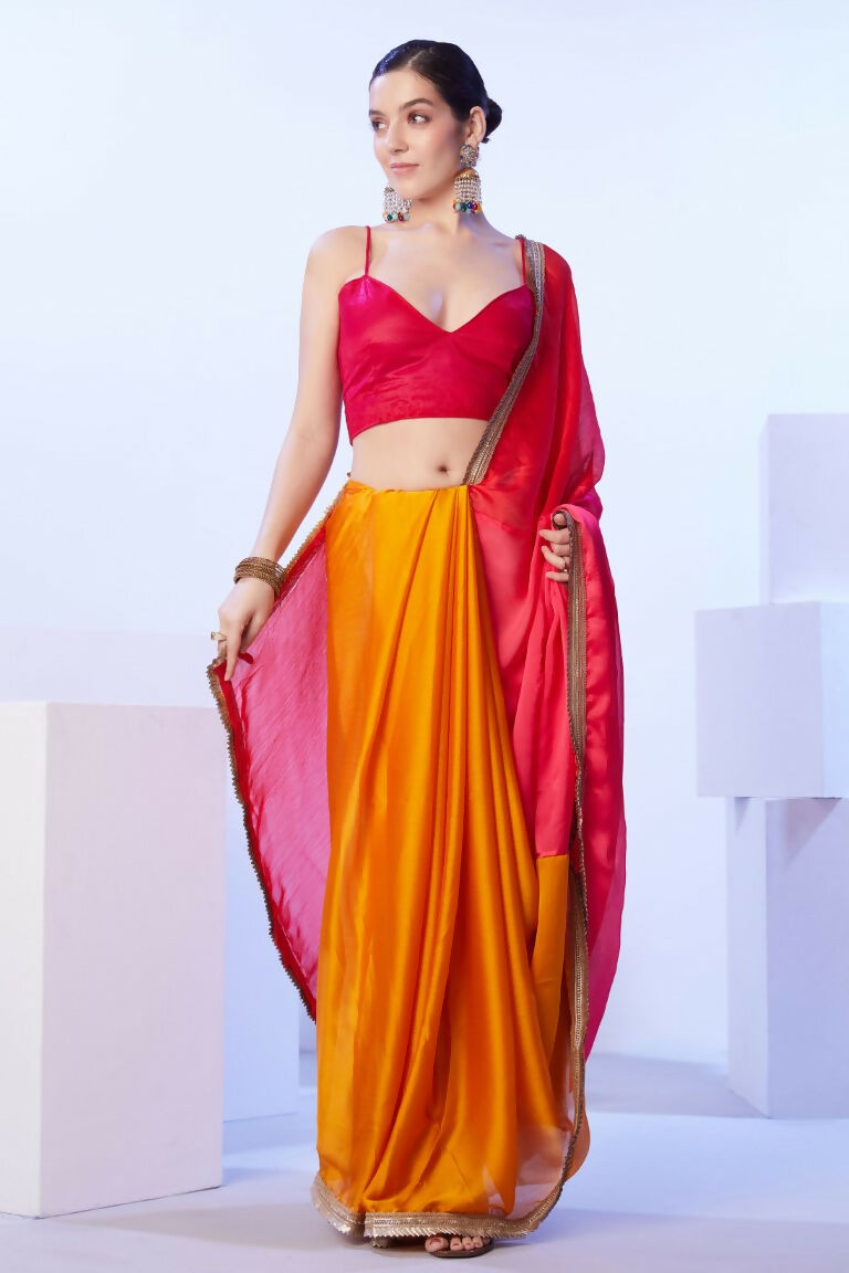 Red Satin Moss Solid Designer & Lace Work Saree - Samaa